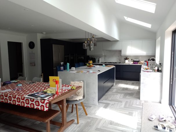 House extension, architectural services near me, Open plan kitchen, dining, family room, media wall, bedrooms, Utility, Bathroom