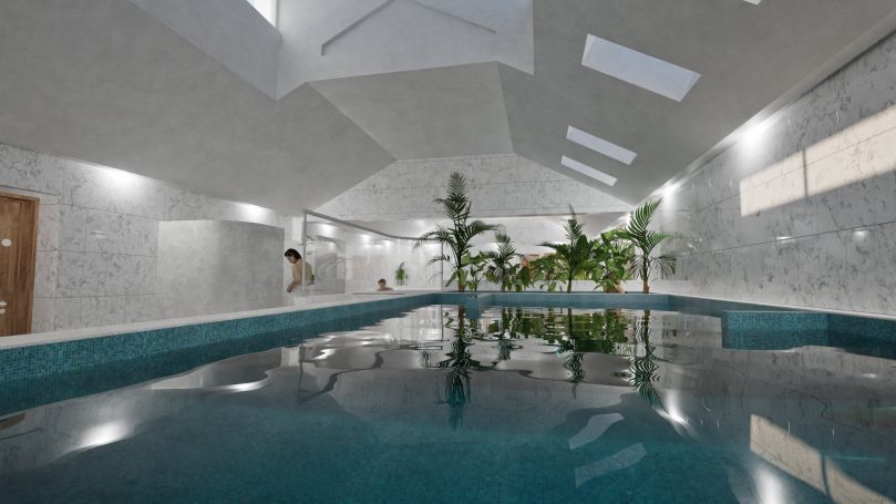 Visual of Indoor swimming pool with modern design.