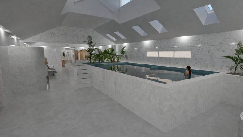 Visual of Indoor swimming pool with modern design.